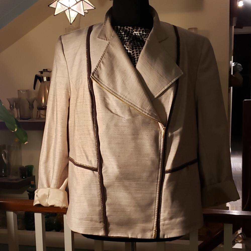 Jones New York Tan And Gol Tone Moto Style Womens Blazer